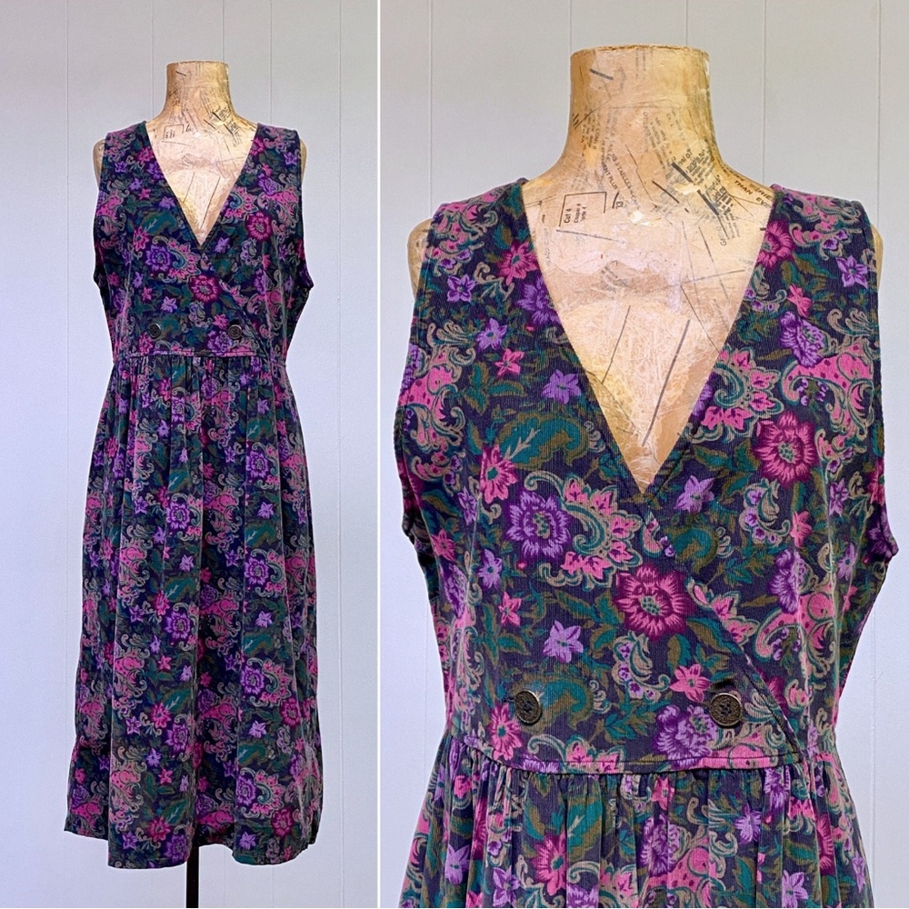 Eddie Bauer Vintage 1990s Loose Fit Floral Corduroy Dress w/ pockets size S